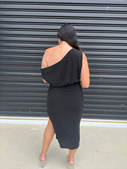 Women Dress - Asymmetric One-Shoulder - Slim Fit - Midi Length with Slit