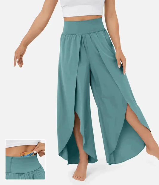 Women's Pants - High-Waisted with Wide Legs - Slit and Draped Design - Light and Breathable
