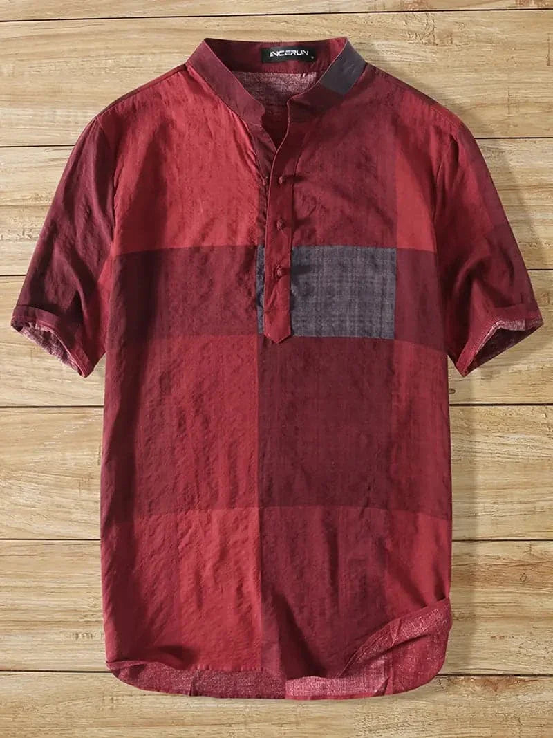 Men's Shirt - Short Sleeved - Mandarin Collar - Button Closure - Checkered Pattern - Textured Fabric