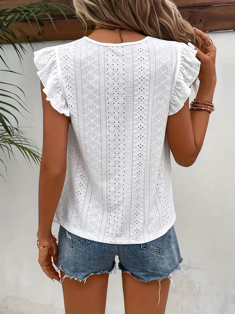 Women's Blouse - Breathable Cotton - Eyelet Pattern - Ruffle Sleeves - Round Neck