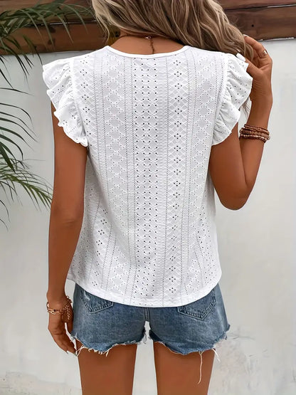 Women's Blouse - Breathable Cotton - Eyelet Pattern - Ruffle Sleeves - Round Neck