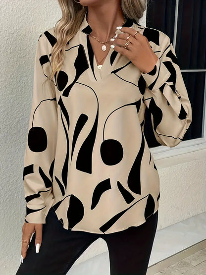 Women's Blouse - V-Neck with Collar - Long-Sleeved Elegant Loose Fit