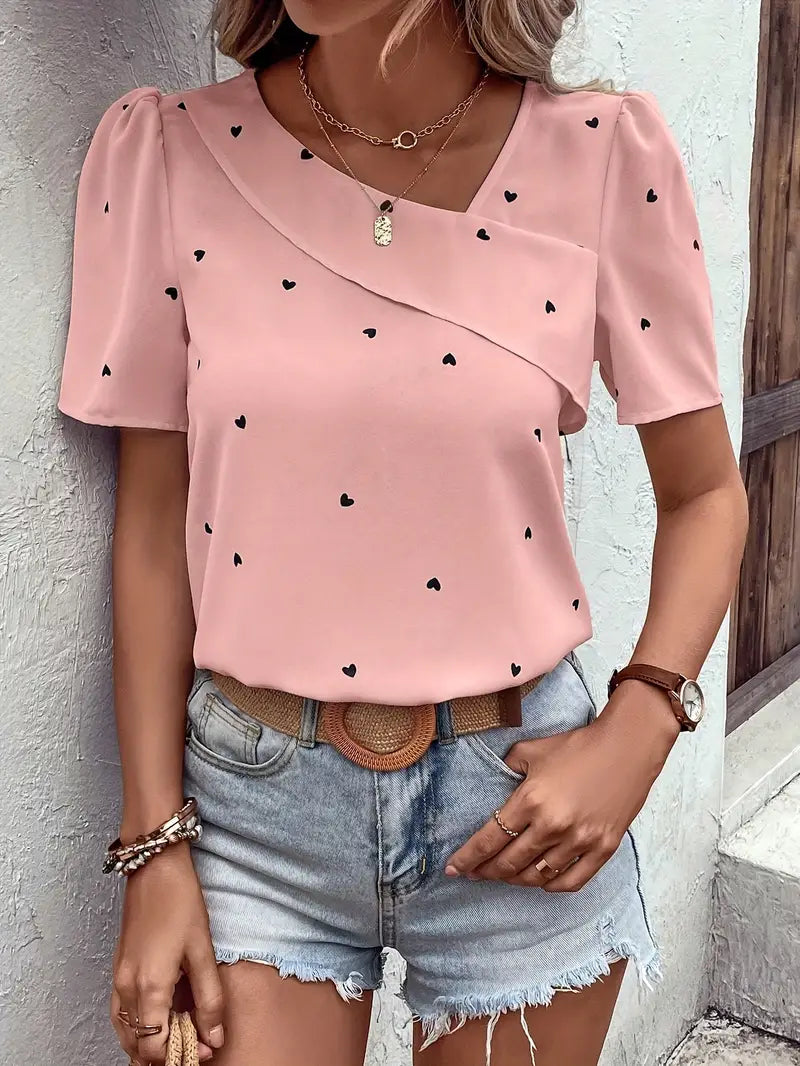 Women's Blouse - Relaxed Fit - Asymmetric Neckline - Short Puff Sleeves - Heart Print