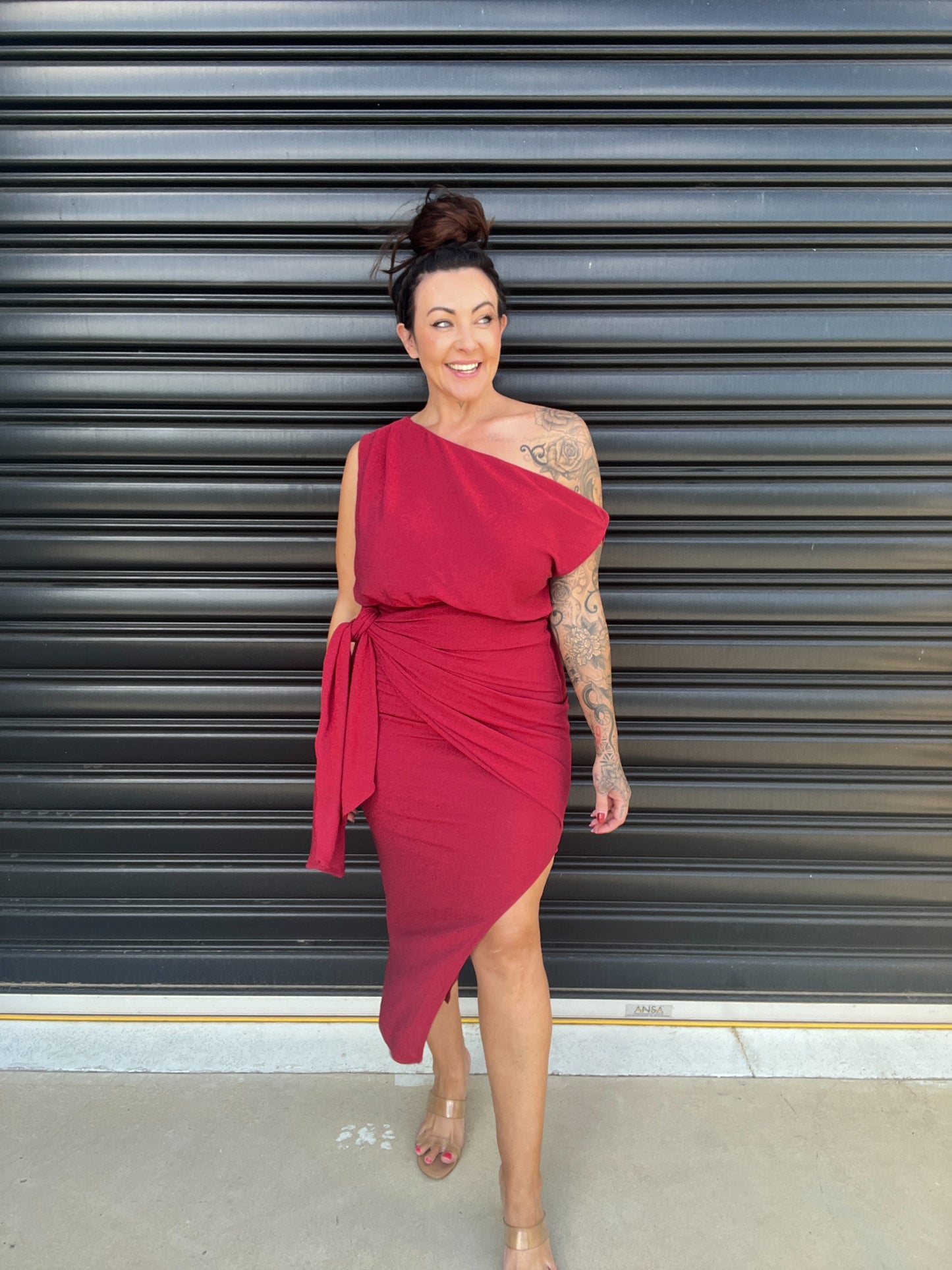 Women Dress - Asymmetric One-Shoulder - Slim Fit - Midi Length with Slit