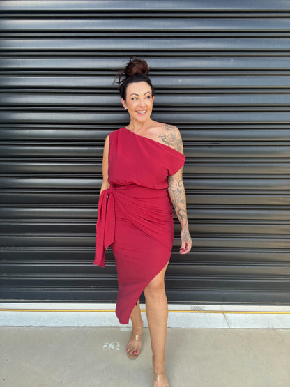 Women Dress - Asymmetric One-Shoulder - Slim Fit - Midi Length with Slit