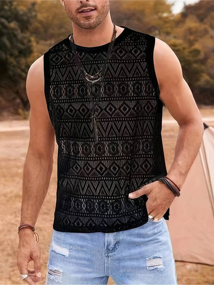 Men's Tank Top - Breathable Crochet Design - Geometric Pattern - Crew Neck