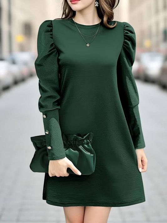 Women's Dress - Elegant A-line - Long Sleeves with Buttons - High Neck - Classic Cut