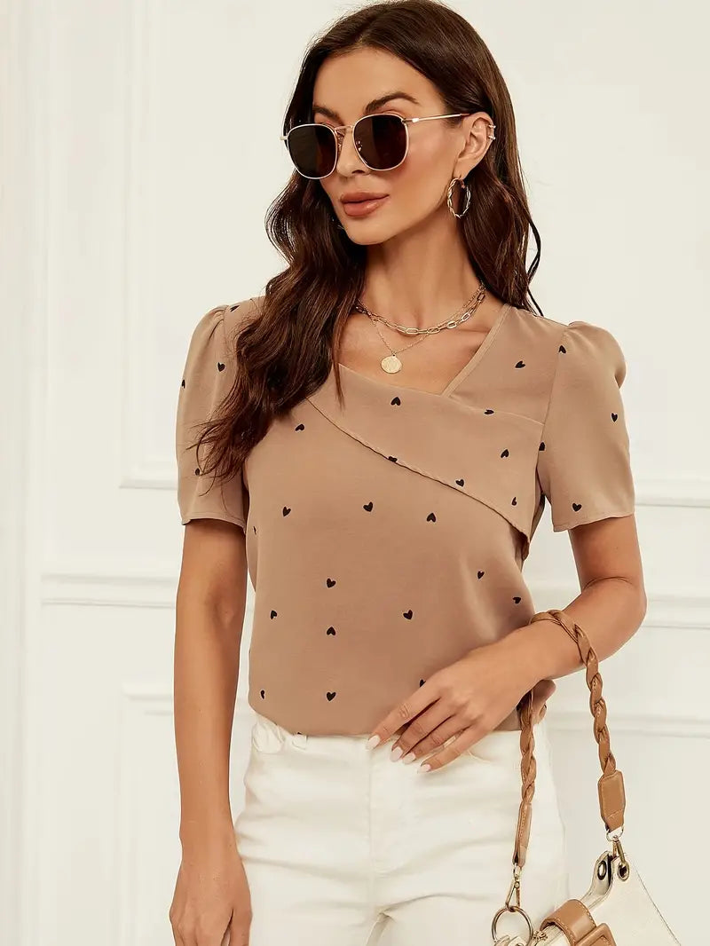 Women's Blouse - Relaxed Fit - Asymmetric Neckline - Short Puff Sleeves - Heart Print