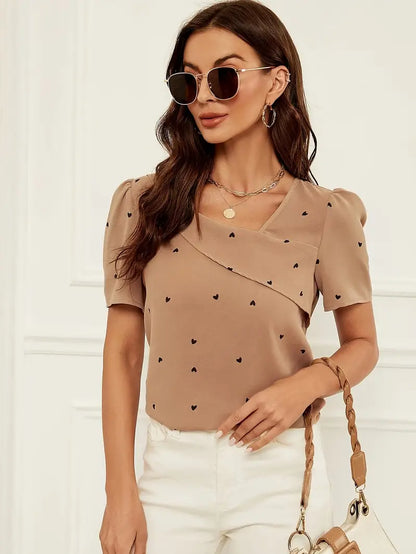 Women's Blouse - Relaxed Fit - Asymmetric Neckline - Short Puff Sleeves - Heart Print