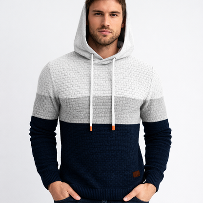 Oliver Hooded Pullover Hoodie | Color Block Textured Knit Mens Pullover Hoodie