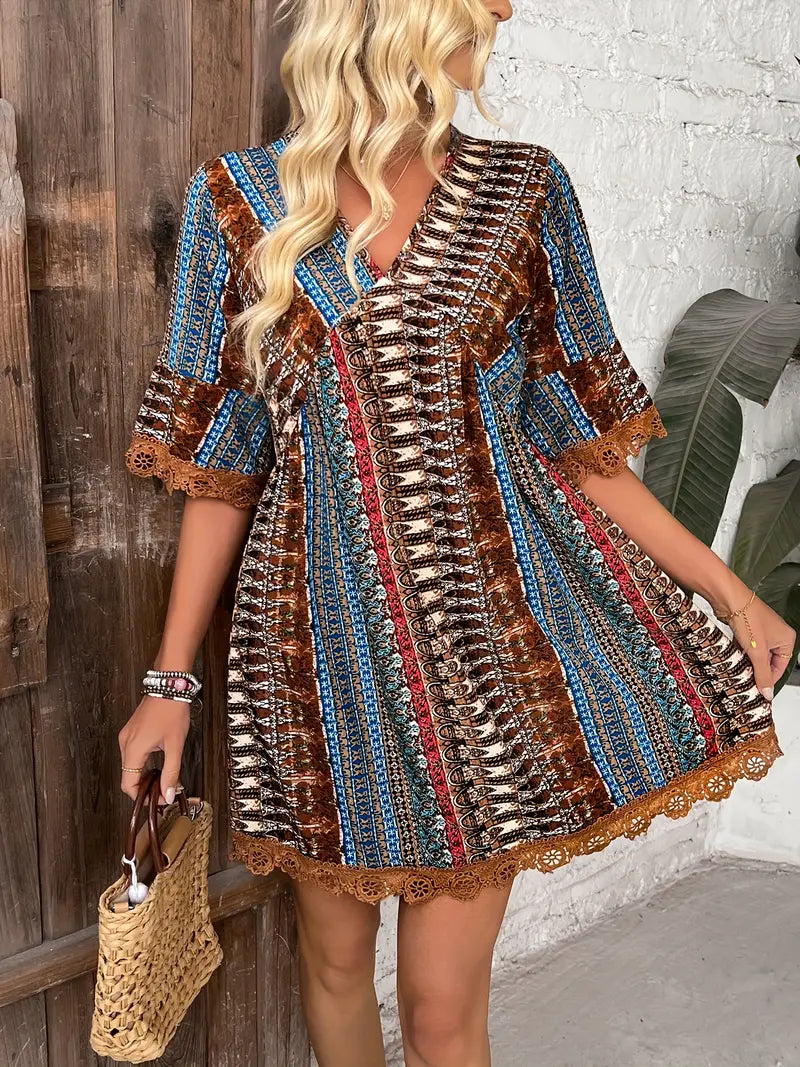 Women's Dress - Bohemian Style - V-Neck - Loose Ruffle Sleeves - Light and Breathable