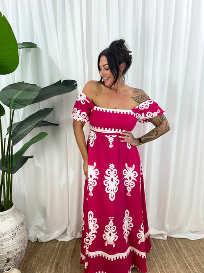 Women's Maxi Dress - Off-Shoulder - Puff Sleeves - Flowy and Elegant Design
