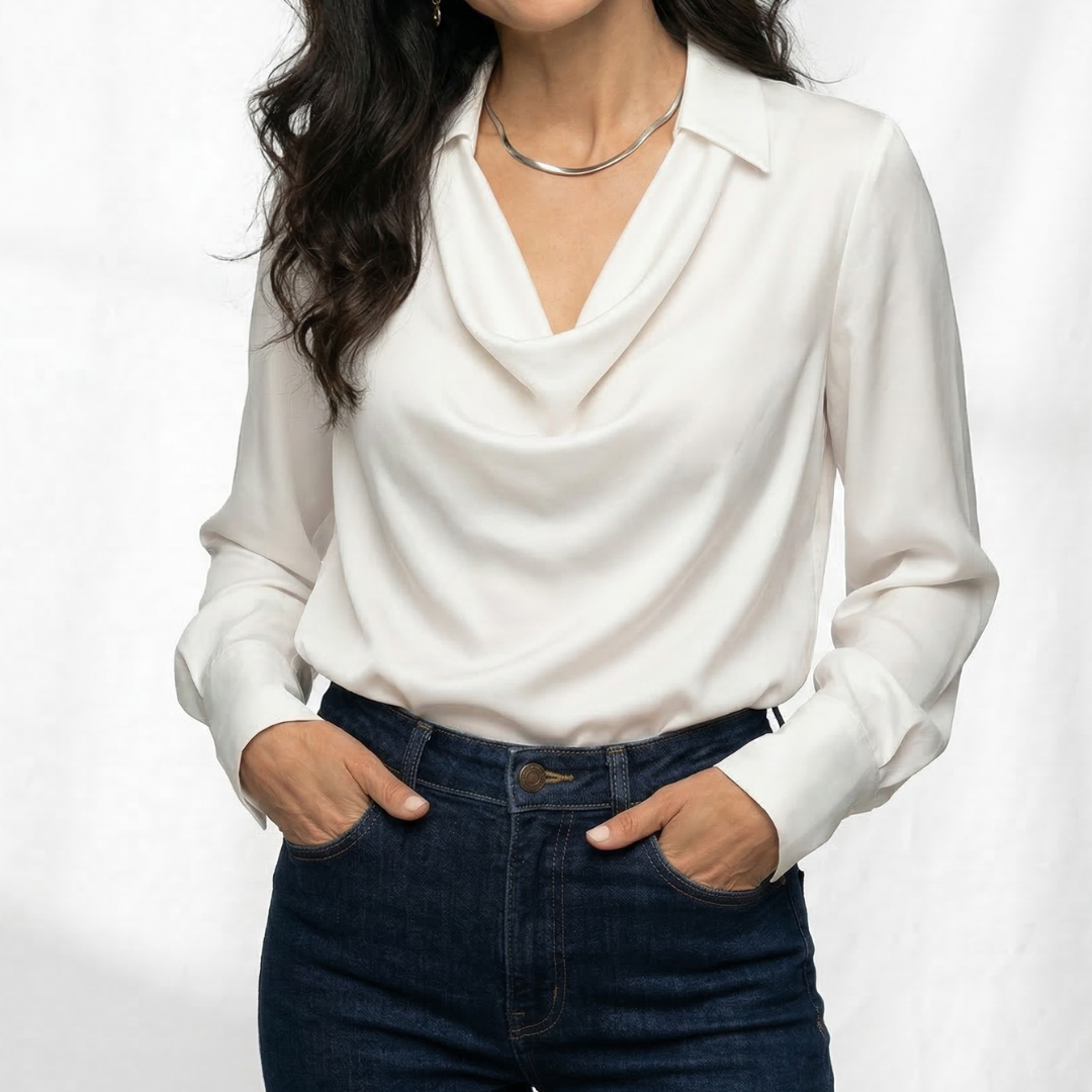Draped Relaxed Fit Collared Blouse for Women – Stylish & Comfortable Everyday Wear