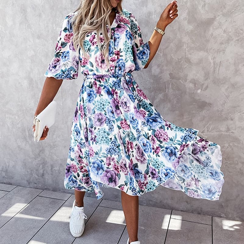 Women's Midi Dress – Floral Print – V-Neck with Buttons – Elastic Waist – 3/4 Sleeves