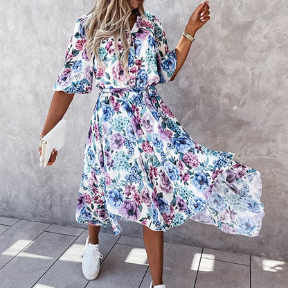 Women's Midi Dress – Floral Print – V-Neck with Buttons – Elastic Waist – 3/4 Sleeves