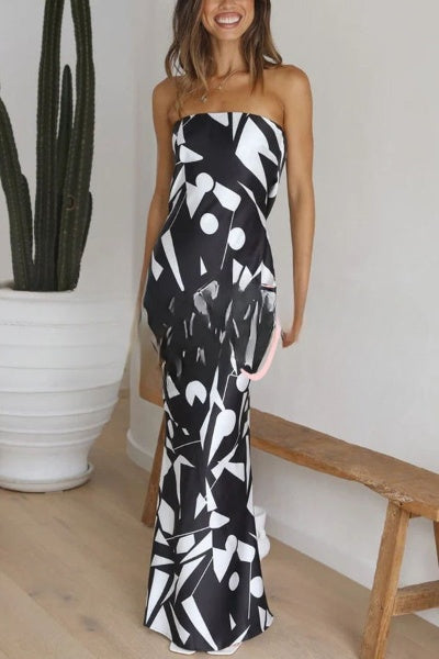 Women's Maxi Dress – Strapless – Elegant Fit – Geometric Pattern – Flare Skirt
