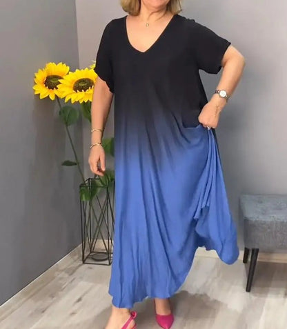 Women's Dress – Loose Fit – V-Neck – Knee Length – Short Sleeves – Soft Drape