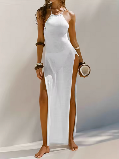 Women's Maxi Dress - Halterneck - Fitted - High Side Slits - Light and Flowy