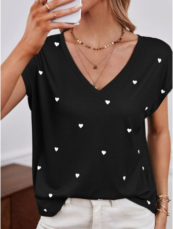 Women's Blouse - Relaxed Fit - Asymmetric Neckline - Short Puff Sleeves - Heart Print
