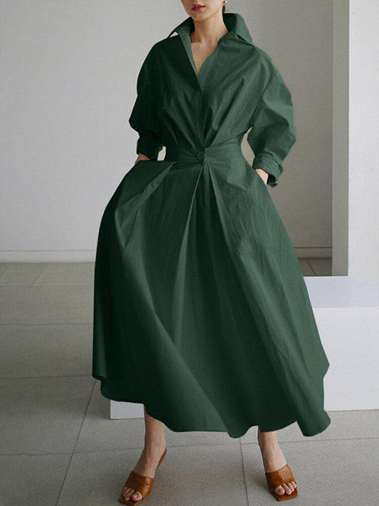 Women's Shirt Dress - Long-Sleeved Midi - A-Line Cut - Light and Breathable