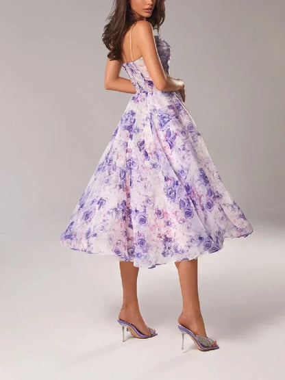 Dress for Women – A-line Cut – Chiffon – Mid Length – Spaghetti Straps – Floral Pattern