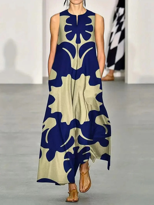 Women's Dress - Long Sleeveless Loose Fit - Abstract Pattern - Light and Breathable