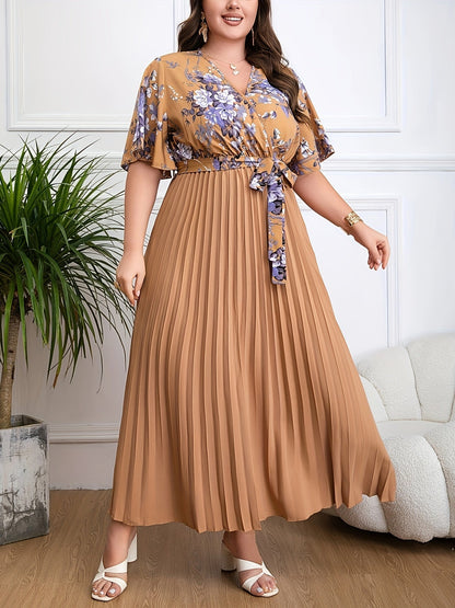 Women's Maxi Dress – V-Neck Wrap – Belted Waist – Short Sleeves – Pleated Skirt