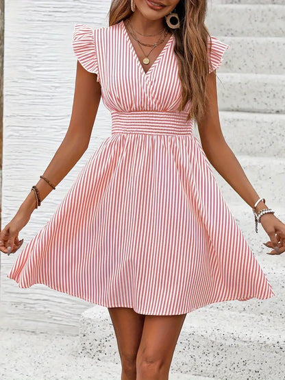 Women's Summer Dress - V-Neck - Ruffle Sleeves - Fitted Waist - Light and Breathable
