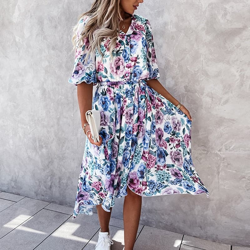 Women's Midi Dress – Floral Print – V-Neck with Buttons – Elastic Waist – 3/4 Sleeves