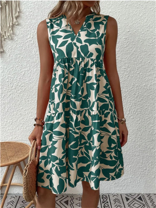 Women's Dress - Sleeveless V-Neck - A-Line with Ruffle Details - Light and Comfortable
