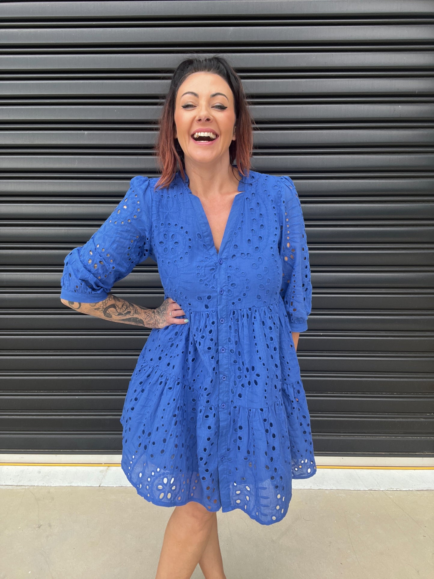 Women's Dress - A-line Loose Fit - 3/4 Sleeves - Button Closure & Broderie Anglaise