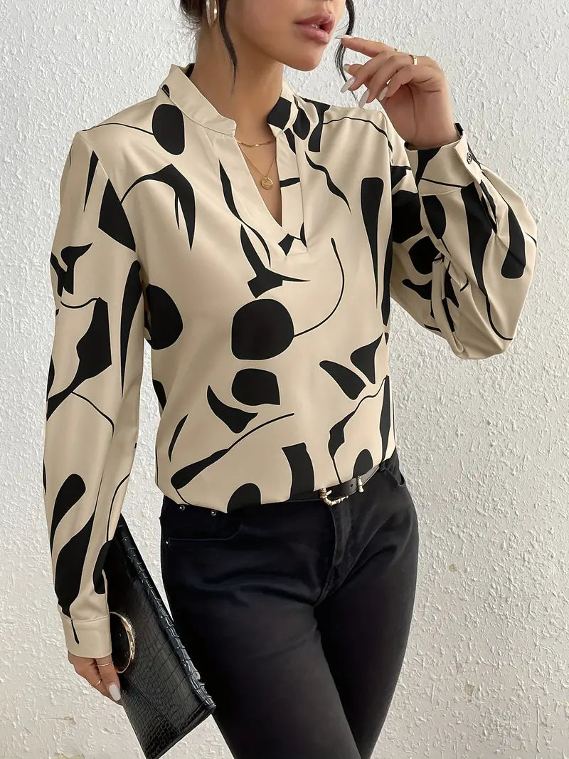 Women's Blouse - V-Neck with Collar - Long-Sleeved Elegant Loose Fit