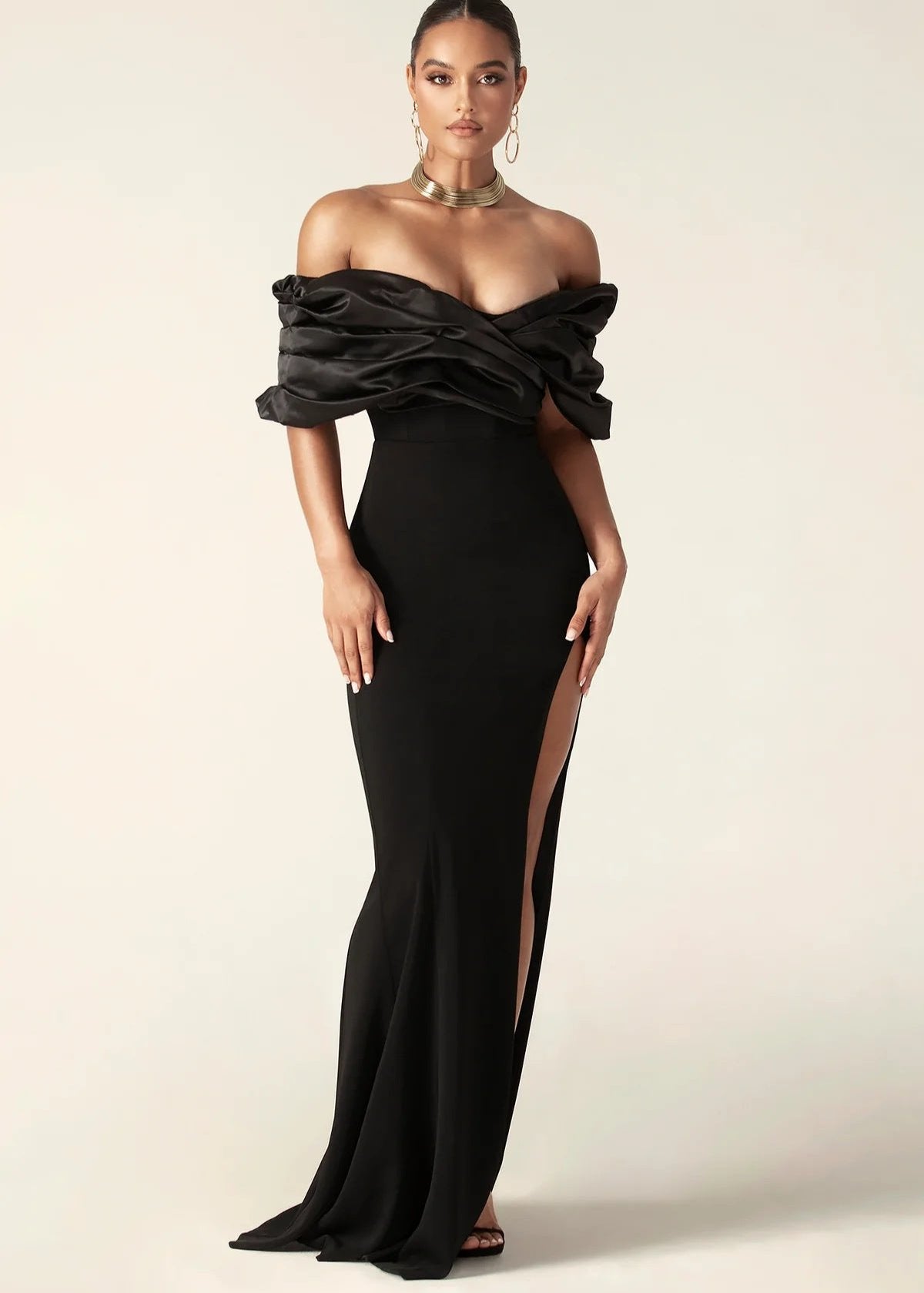 Women's Evening Dress - Off-Shoulder - Draped Bodice - High Slit - Elegant Party Dress
