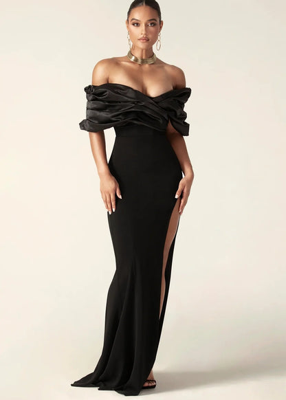 Women's Evening Dress - Off-Shoulder - Draped Bodice - High Slit - Elegant Party Dress