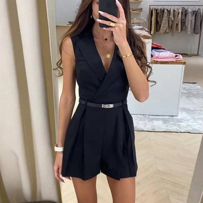 Women's Blazer-Style Romper - Sleeveless - Waist Belt - Elegant and Tailored