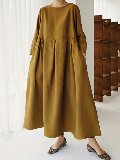 Women's Maxi Dress - Loose Fit - Long-Sleeved with Ruched Waist - Lightweight and Breathable