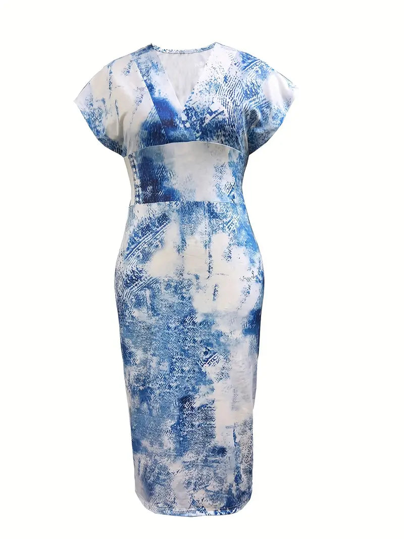 Women Bodycon Dress - Midi Length - V-Neck - Patchwork Design - Short Sleeves
