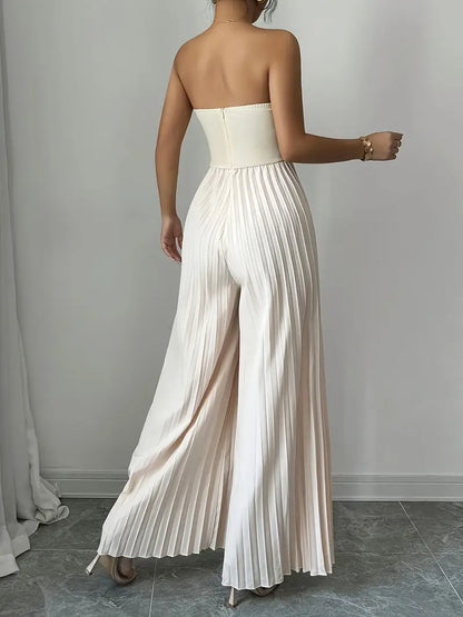 Women's Jumpsuit - Strapless - Corset Fit - Wide Pleated Legs - Elegant Party Look