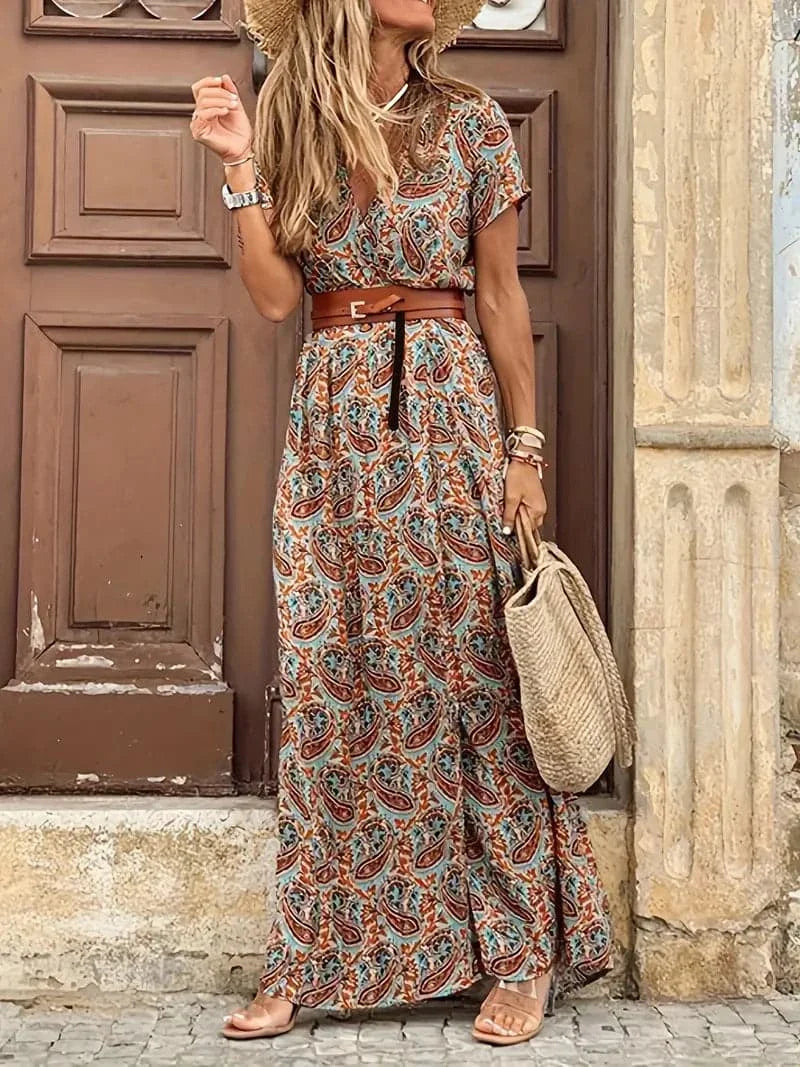 Women's Maxi Dress - Floral Print - V-Neck and Short Sleeves - Waistband and Long Fit