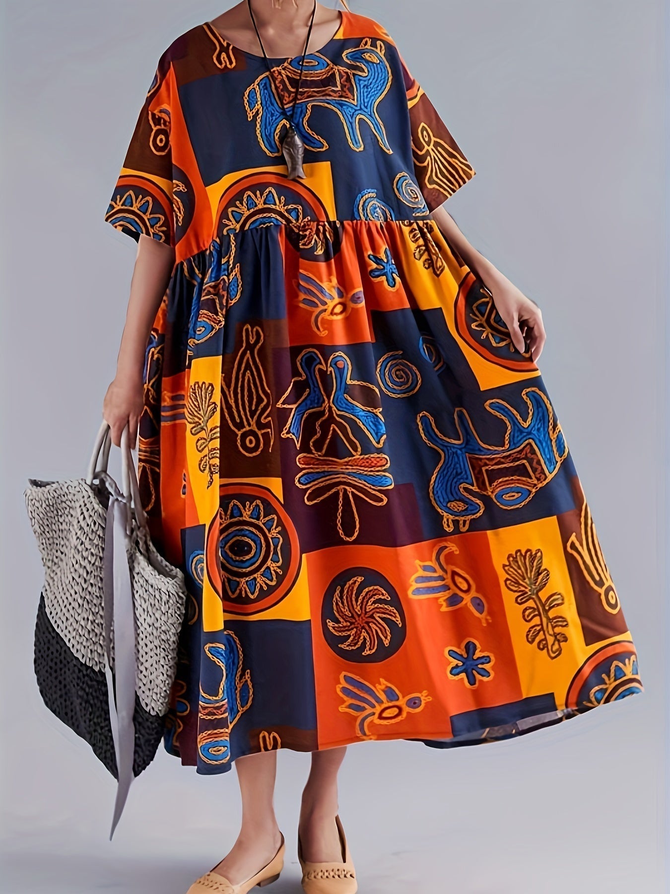 Women's Caftan Dress - Loose Fit - V-Neck - Short Sleeves - Light and Breathable