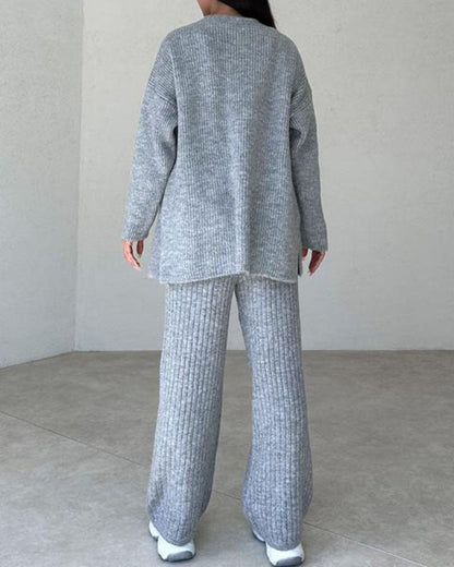 Women's Knitted Lounge Set - Cardigan, Crop Top and Wide-Leg Pants - Soft Comfort