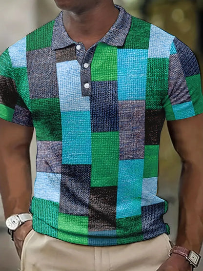 Men's Polo Shirt - Patchwork Design - Button Closure - Short-Sleeved - Breathable and Casual