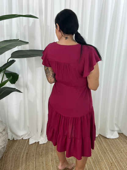Women's Dress - V-neck - Button Closure - Adjustable Waist - Short Sleeves - Loose Fit