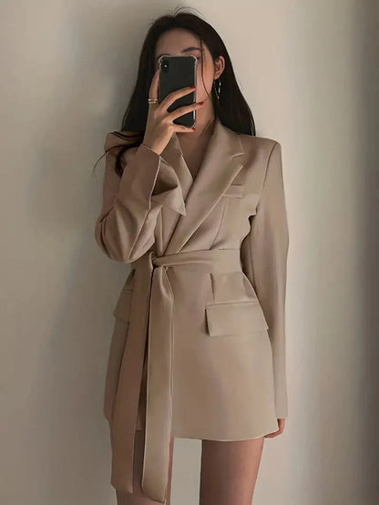 Women's Blazer Dress - Tailored Fit - Belted Waist - Single Button with Flap Pockets