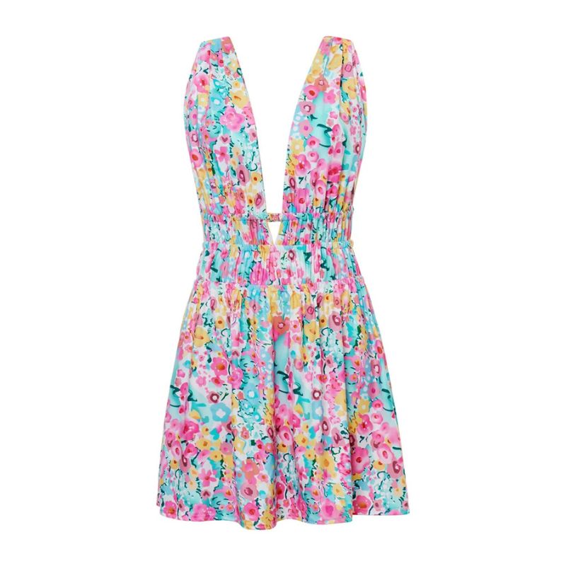 Women's Skater Dress - Sleeveless V-neck - Floral Print - Light and Airy Fit