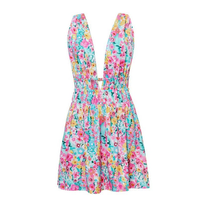 Women's Skater Dress - Sleeveless V-neck - Floral Print - Light and Airy Fit