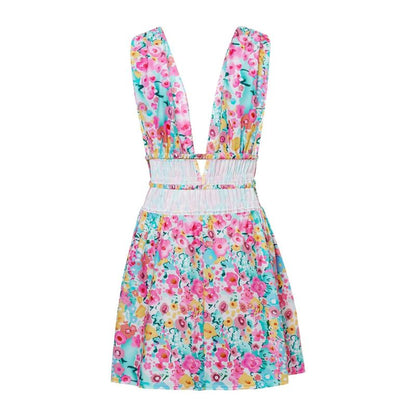 Women's Skater Dress - Sleeveless V-neck - Floral Print - Light and Airy Fit