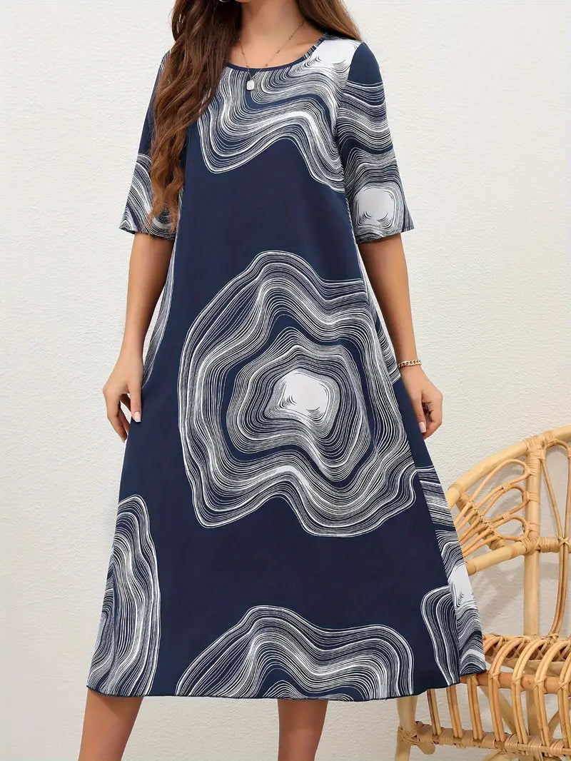 Women's Dress - Midi Length - A-Line Fit - Round Neck - Abstract Pattern