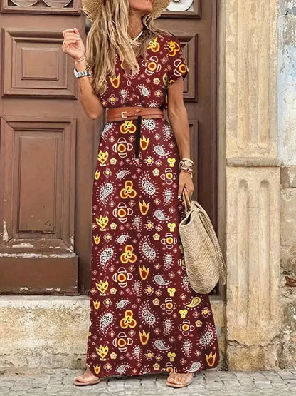 Women's Maxi Dress - Floral Print - V-Neck and Short Sleeves - Waistband and Long Fit
