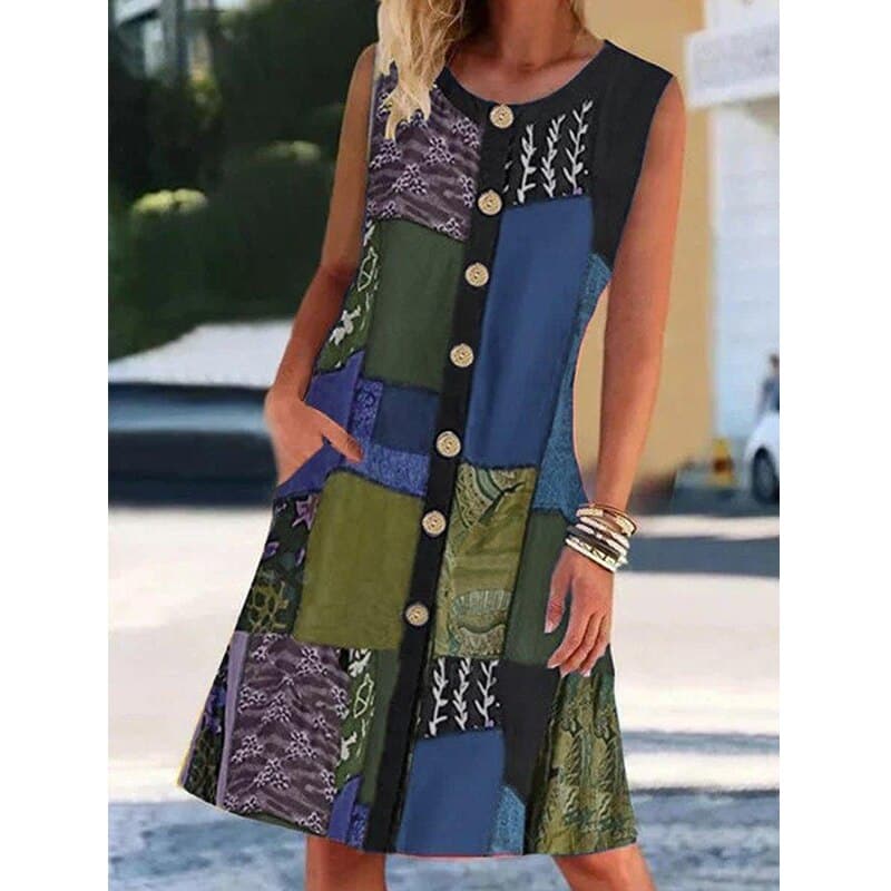 Dress for Women - Sleeveless Patchwork - Button Closure & Side Pockets - Bohemian Style